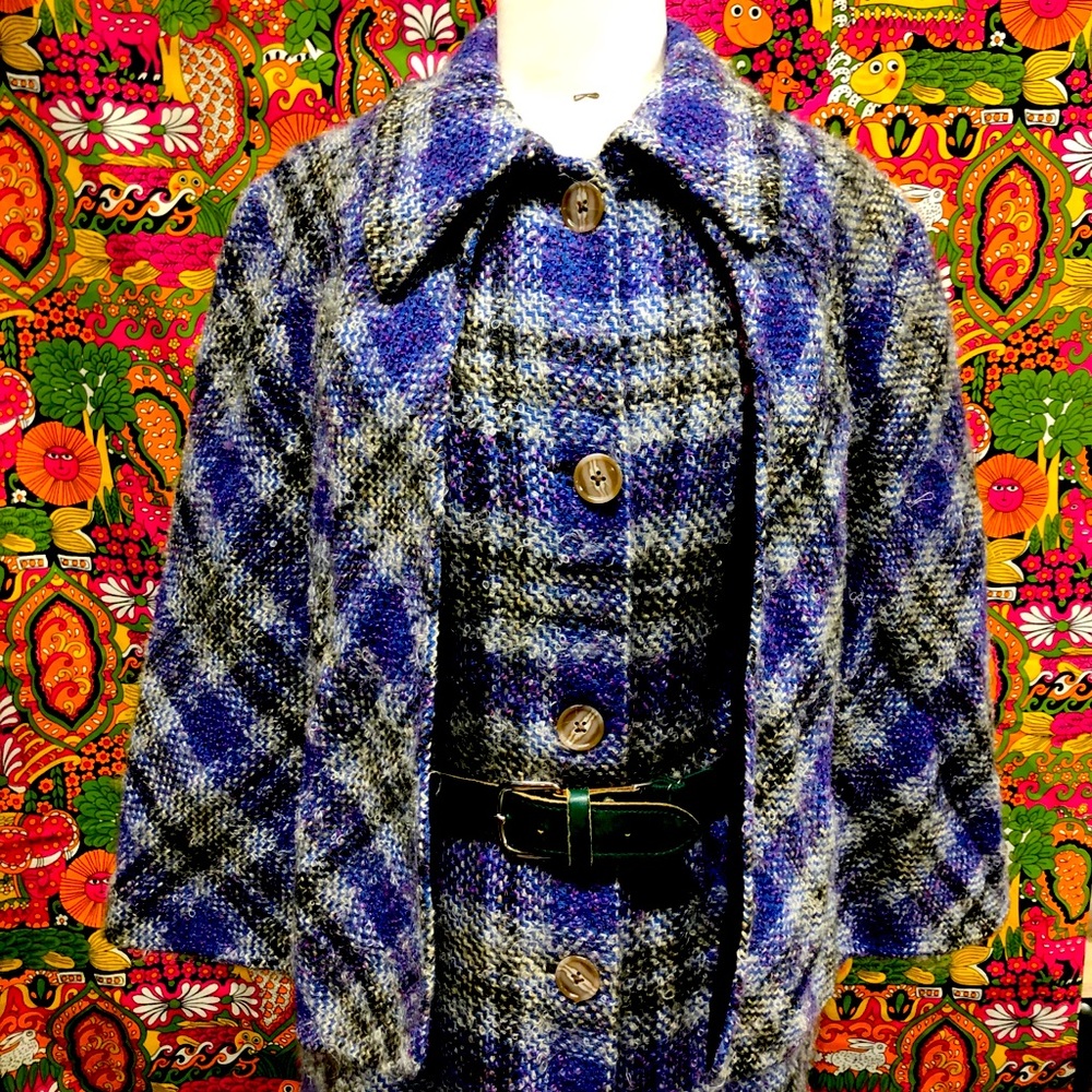 1960s Mod Plaid Cape Winter Coat